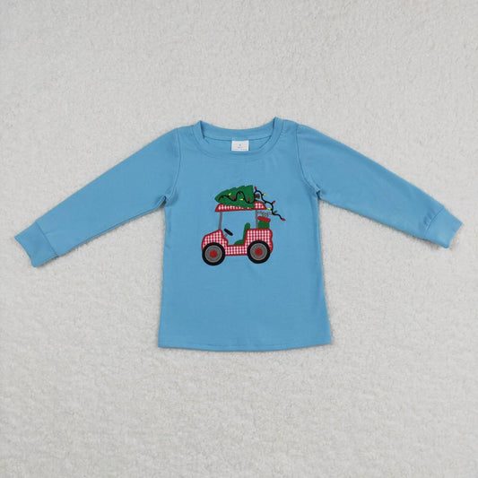 BT0352 Christmas Blue Tree Truck Embroidery Boys Long Sleeve Top T-shirts