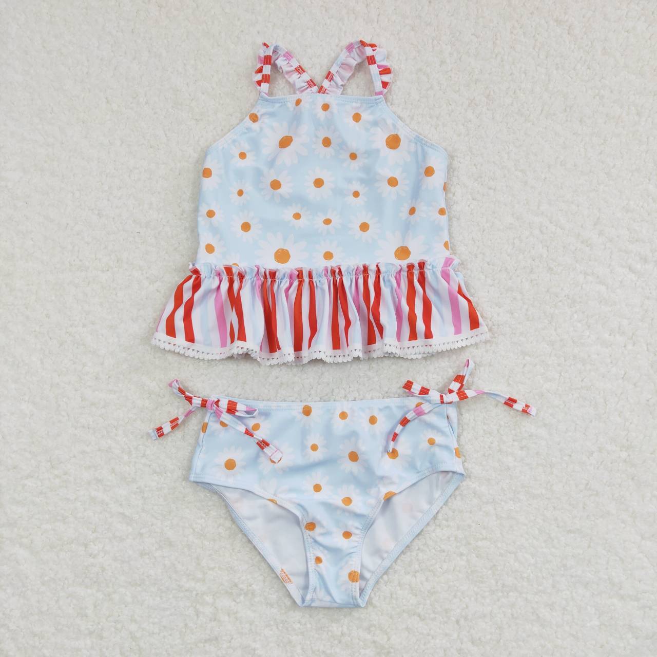 S0157 Pink Yellow Floral Girls Swimming Bathing Suits Swimsuits