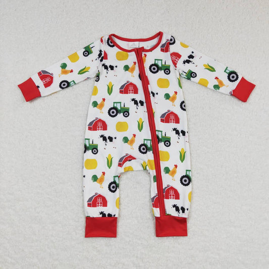 LR0672 Christmas Green Red Farm Cow Chicken Pig Print Zipper Girls Long Sleeve Romper