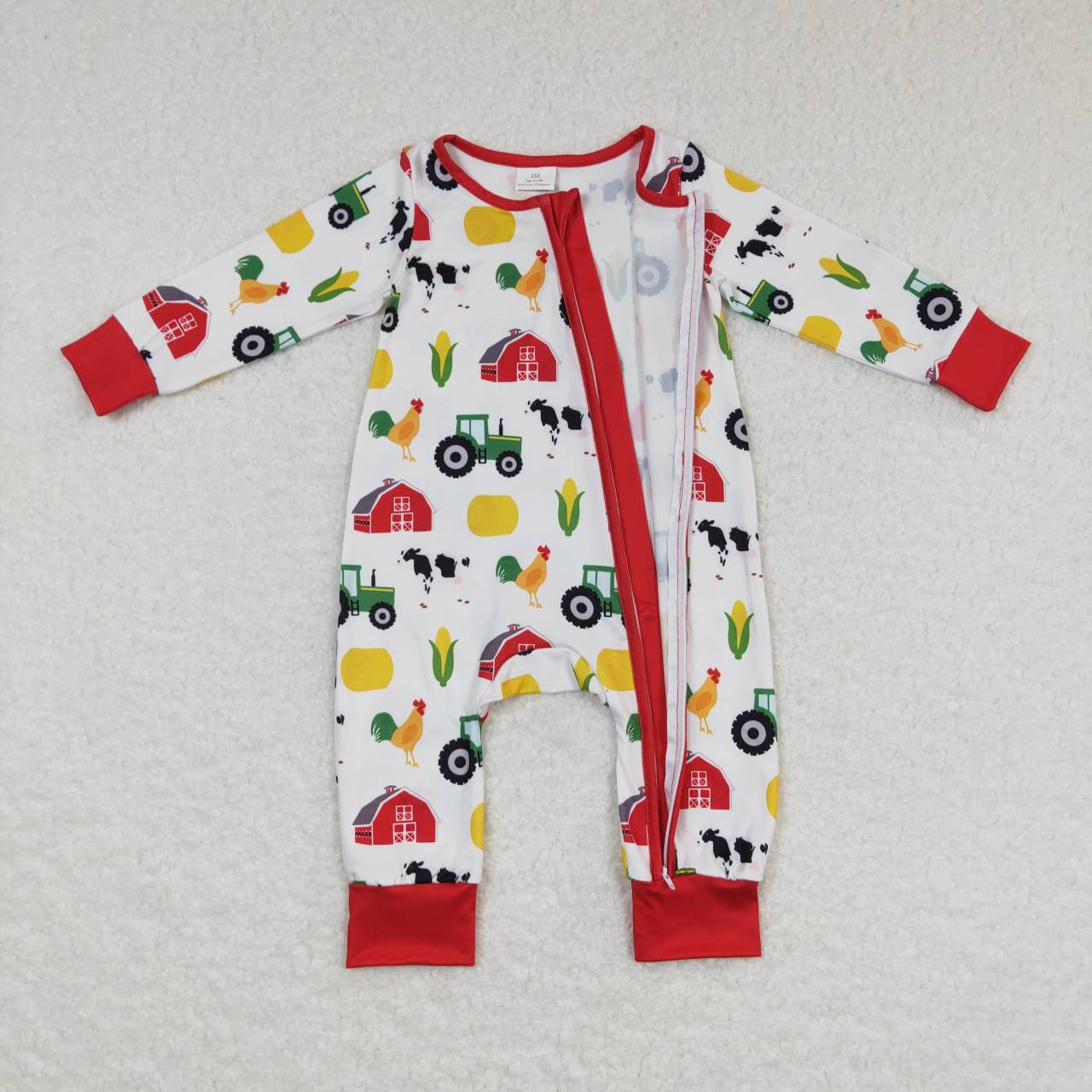 LR0672 Christmas Green Red Farm Cow Chicken Pig Print Zipper Girls Long Sleeve Romper