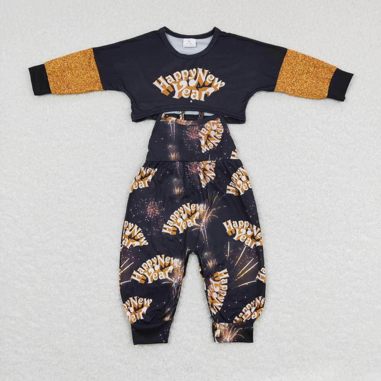 GLP0815 Happy New Year Black Yellow Jumpsuit Overall Girls Long Sleeve Bell Bottom Pants Outfits