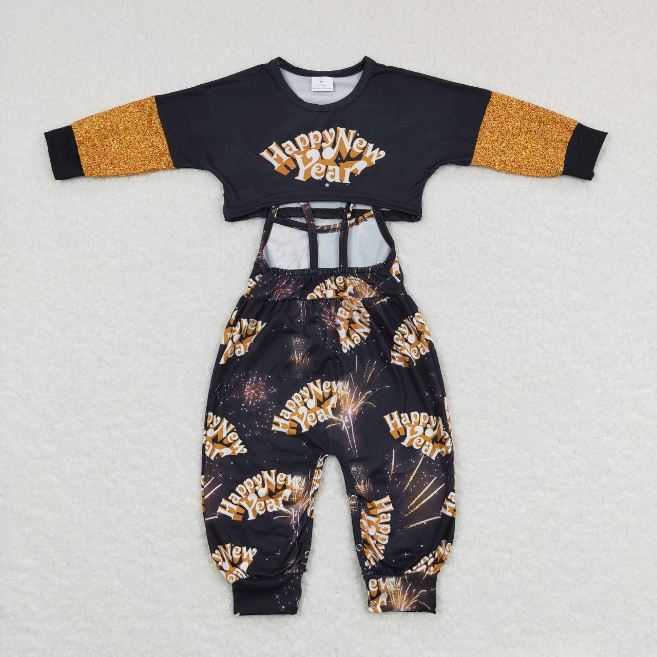 GLP0815 Happy New Year Black Yellow Jumpsuit Overall Girls Long Sleeve Bell Bottom Pants Outfits