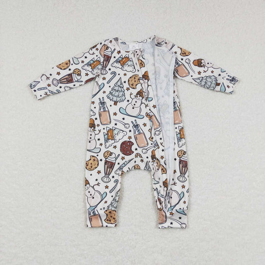 LR0651 Christmas Blue Snowman Zipper Boys Long Sleeve Romper
