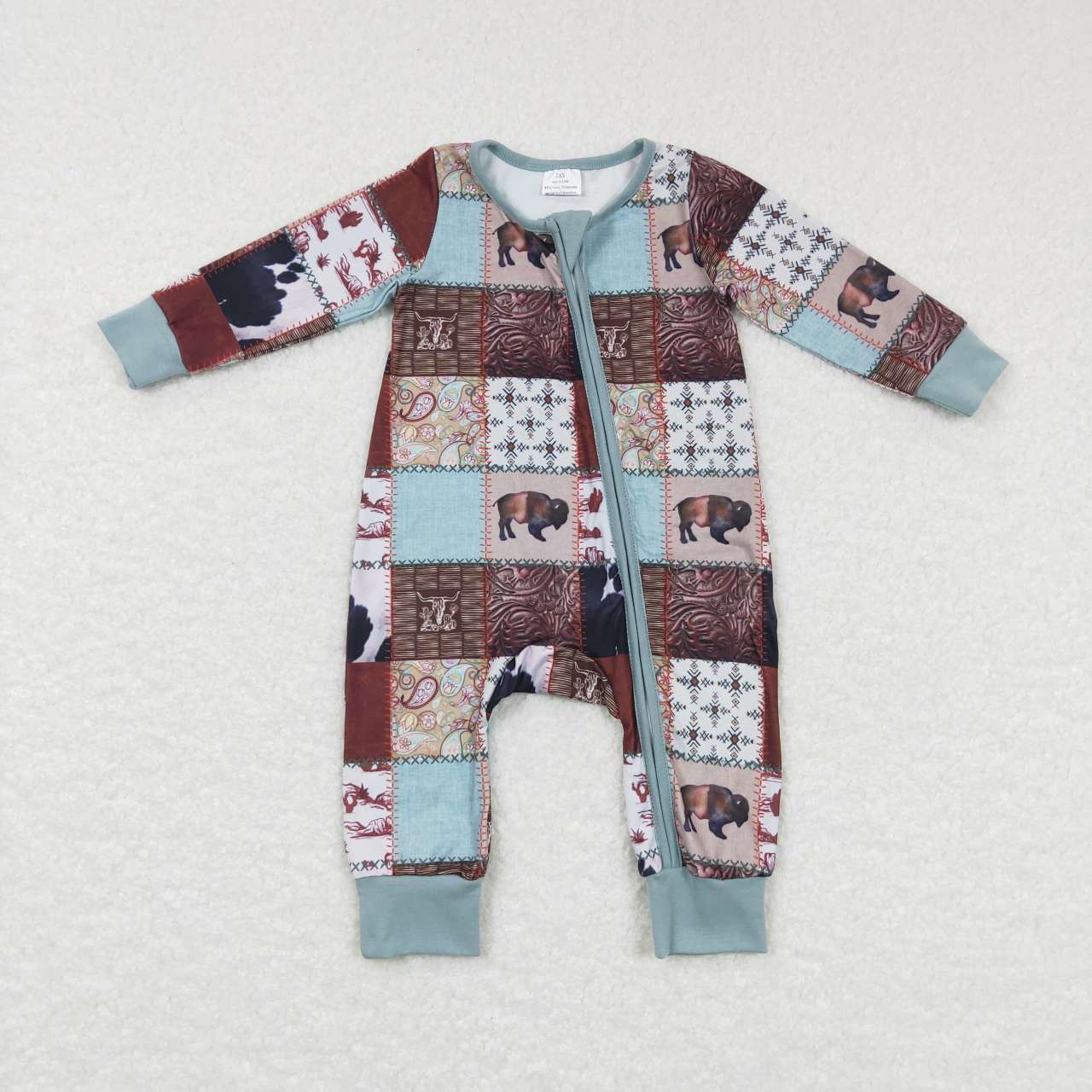 LR0734 Green Cow Western Zipper Girls Long Sleeve Romper