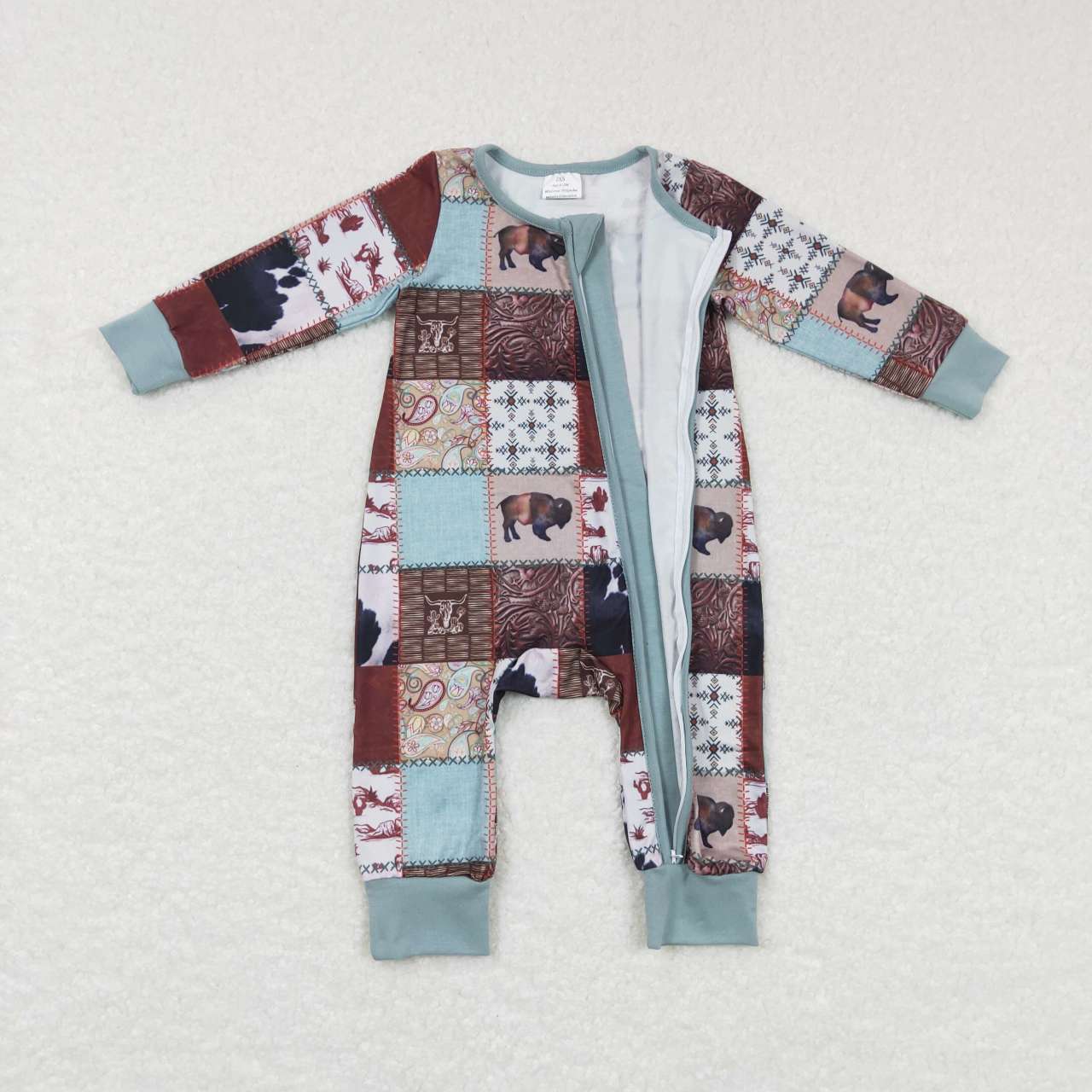 LR0734 Green Cow Western Zipper Girls Long Sleeve Romper