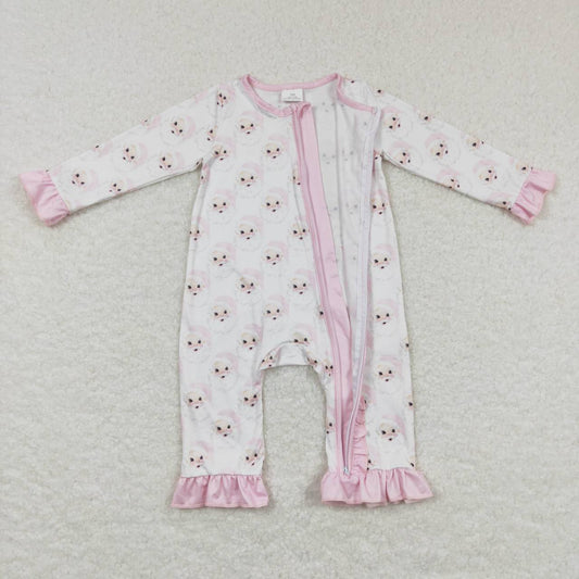 LR0584  Christmas Pink Santa  Zipper Girls Long Sleeve Romper RTS Free Shipping Over $100