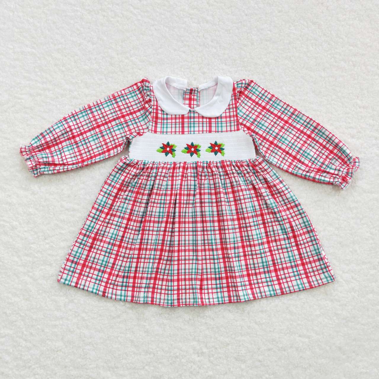 GLD0300 Christmas Red Embroidery Girls Long Sleeve Dresses