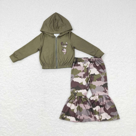 GT0335 P0310 Green Deer Camo 2pcs Girls Long Sleeve Hoodies Outfits