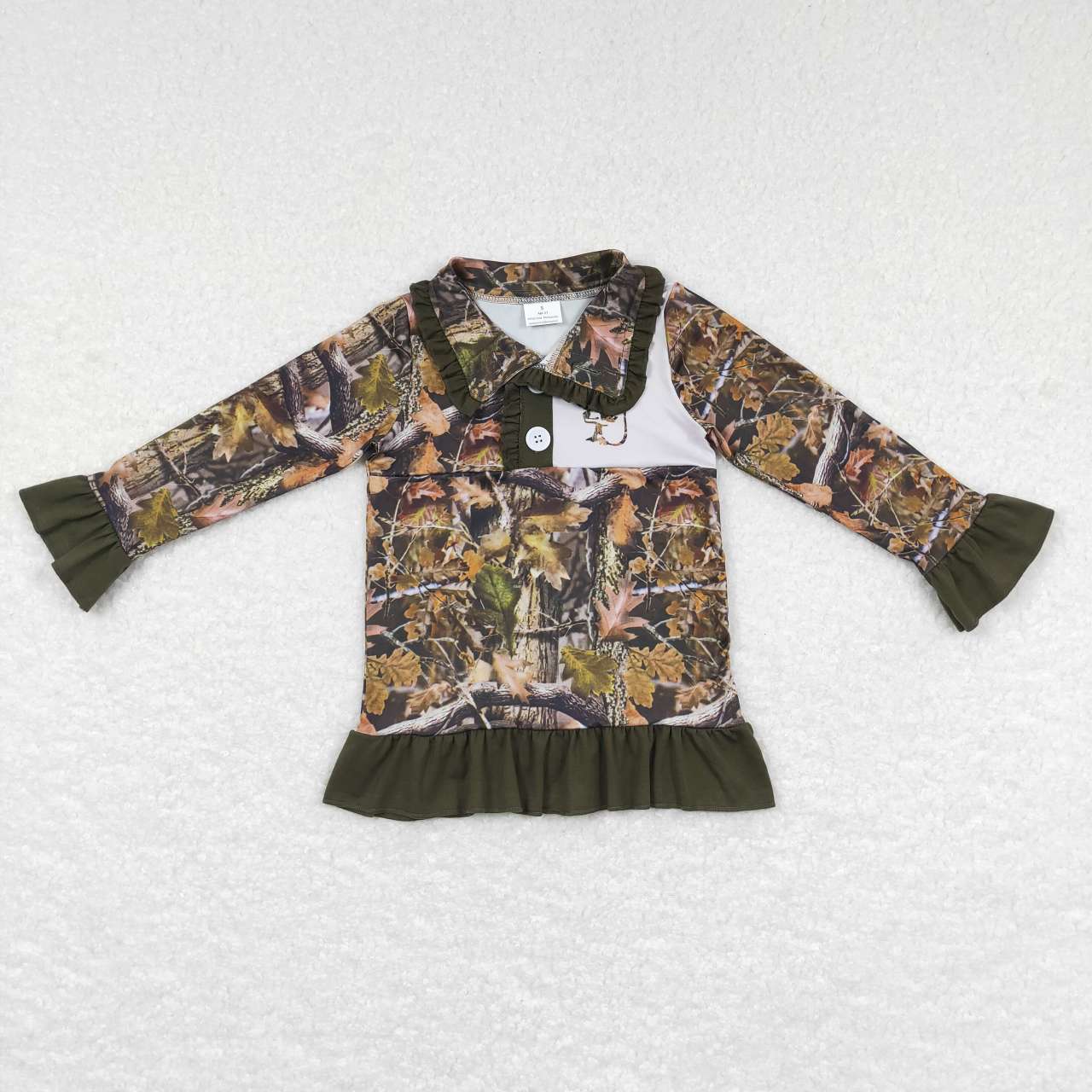 GT0311 Brown Green Camo Deer Girls Long Sleeve Top Collar Polo Pullover T-Shirts