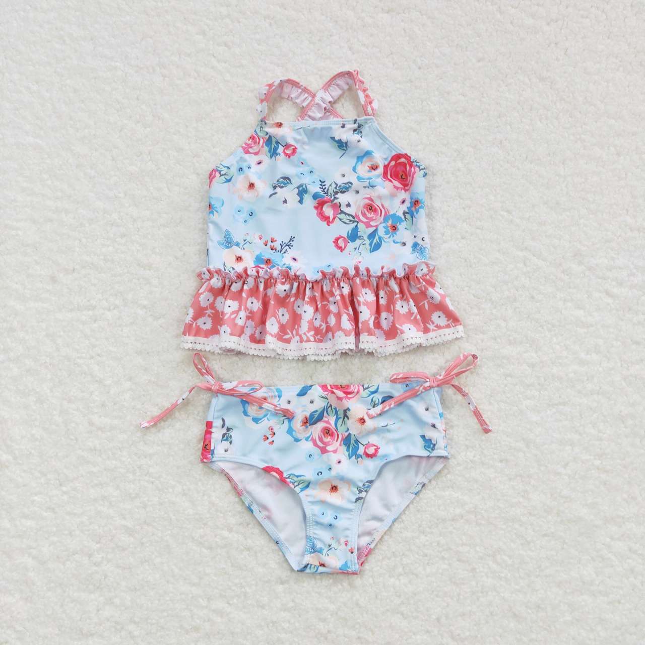 S0159 Pink Blue Floral Girls Swimming Bathing Suits Swimsuits