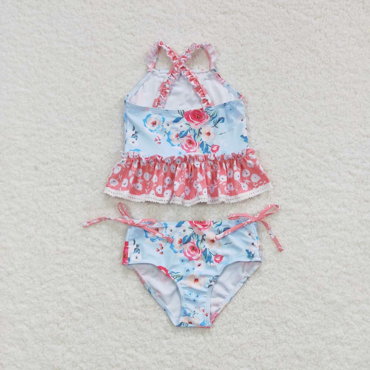 S0159 Pink Blue Floral Girls Swimming Bathing Suits Swimsuits