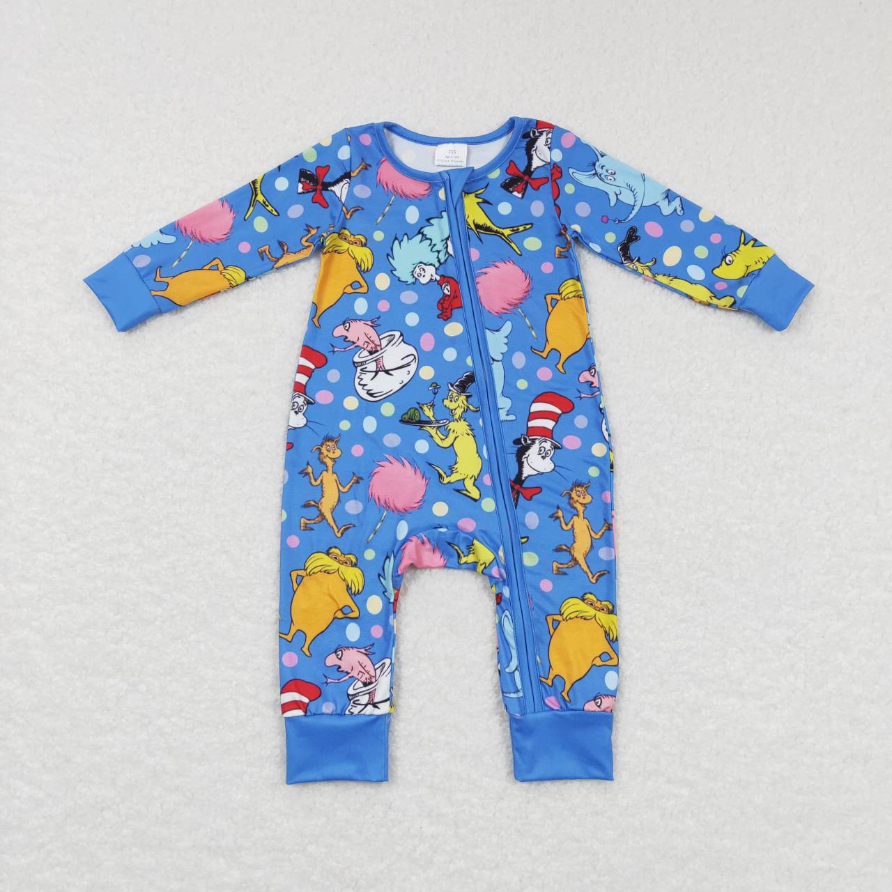 LR0784 Christmas Blue Cat Hat Cartoon Zipper Girls Long Sleeve Romper