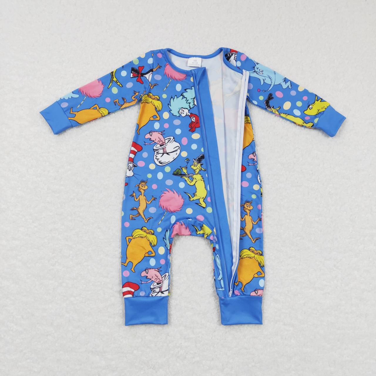 LR0784 Christmas Blue Cat Hat Cartoon Zipper Girls Long Sleeve Romper
