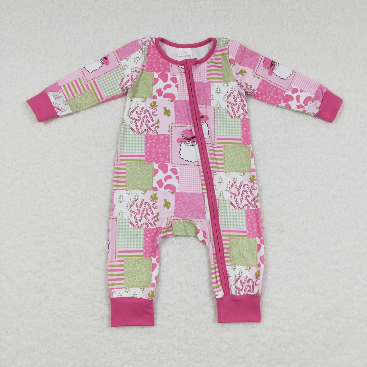LR0722 Christmas Pink Santa Zipper Girls Long Sleeve Romper