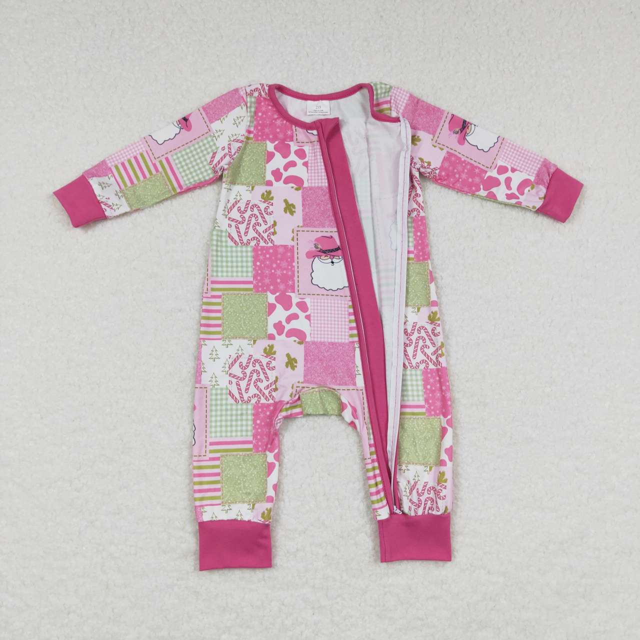 LR0722 Christmas Pink Santa Zipper Girls Long Sleeve Romper