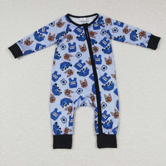 LR0736 Blue Police Dog Zipper Girls Long Sleeve Romper