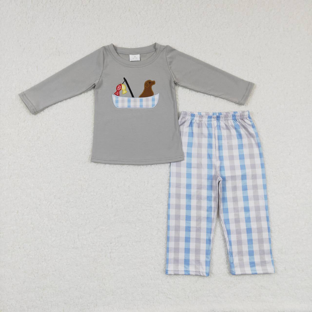 BLP0350 Grey Blue Dog Fish Embroidery Boys Long Sleeve Pants Outfits