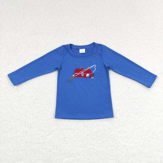 BT0364 Blue Red Fish Embroidery Boys Long Sleeve Top T-shirts