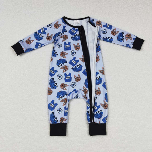 LR0736 Blue Police Dog Zipper Girls Long Sleeve Romper