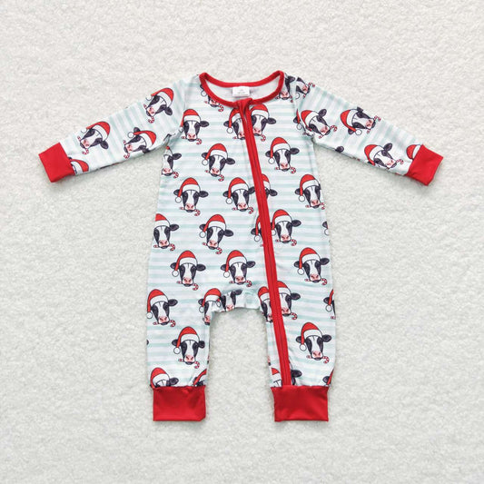 LR0700  Christmas Red Cow Zipper Girls Long Sleeve Romper RTS Free Shipping Over $100