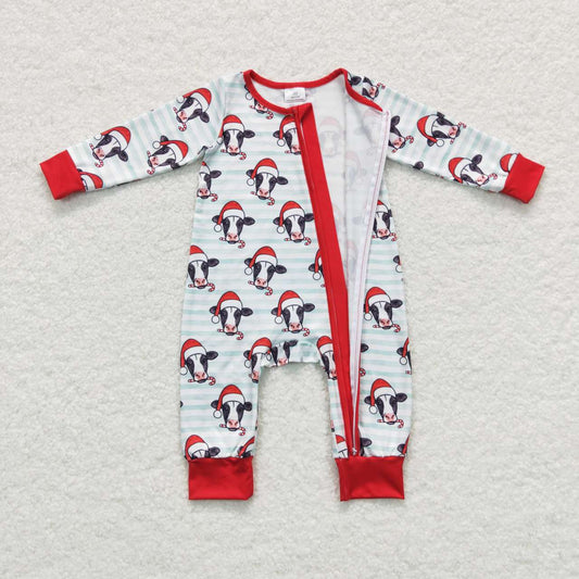 LR0700  Christmas Red Cow Zipper Girls Long Sleeve Romper RTS Free Shipping Over $100