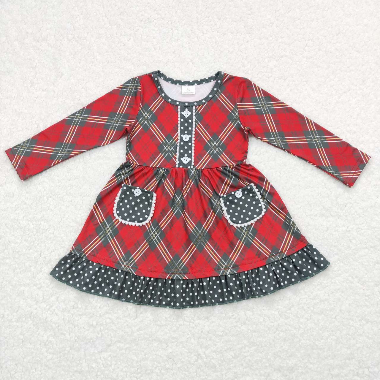 GLD0424 Christmas Red Green Pockets Girls Long Sleeve Dresses