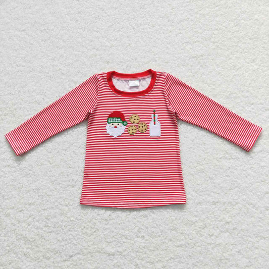 BT0370 Christmas Red Santa Milk Cookies Embroidery Boys Long Sleeve Top T-shirts