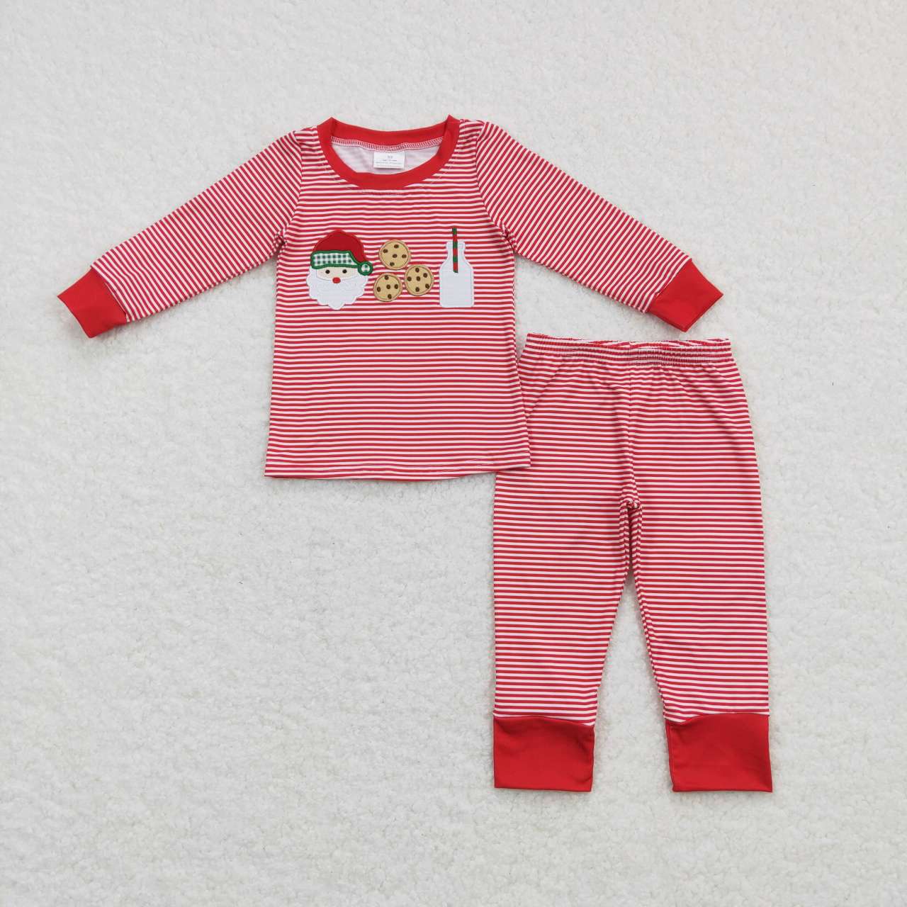 BLP0390 Christmas Red Santa Milk Cookies Embroidery Boys Long Sleeve Pants Outfits Pajamas RTS Free Shipping Over 2 KG