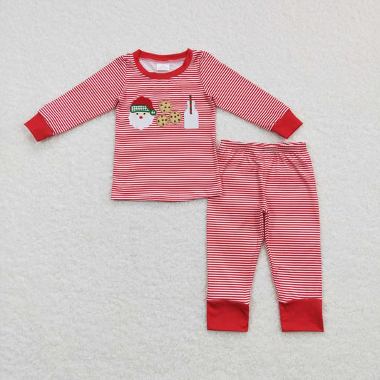 BLP0390   Christmas Red Santa Milk Cookies Embroidery   Boys Long Sleeve Pants Outfits Pajamas RTS Free Shipping Over $100