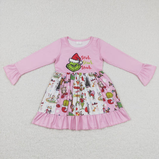 GLD0457 Christmas Pink Green Cartoon Girls Long Sleeve Dresses