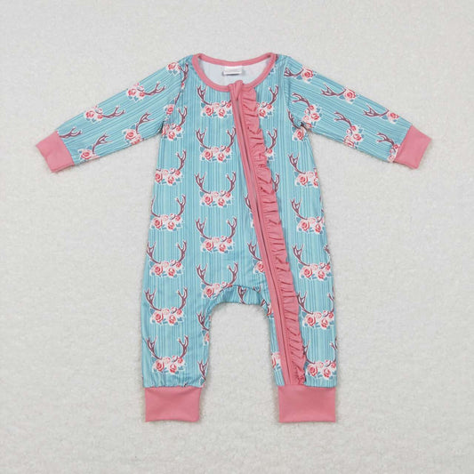 LR0712 Blue Pink Cow Floral Zipper Girls Long Sleeve Romper