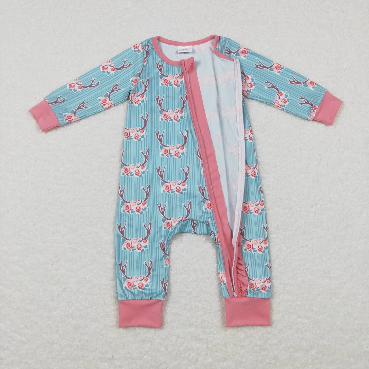 LR0712 Blue Pink Cow Floral Zipper Girls Long Sleeve Romper