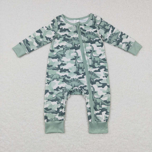 LR0718 Green Camo Zipper Girls Long Sleeve Romper