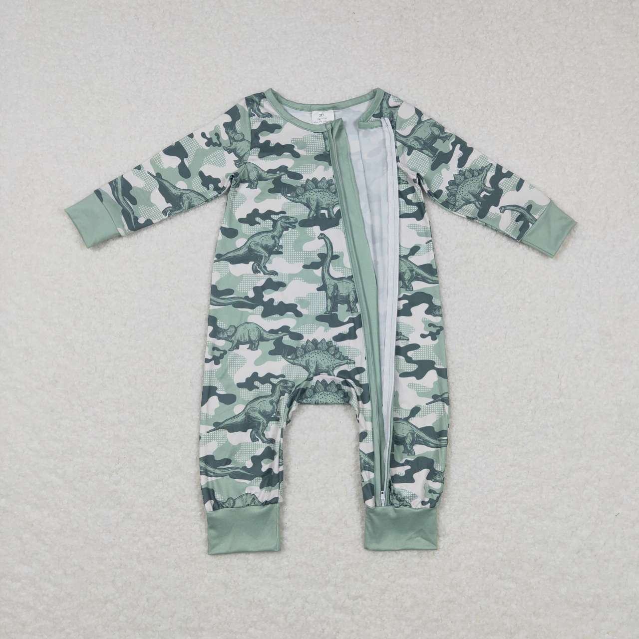 LR0718 Green Camo Zipper Girls Long Sleeve Romper