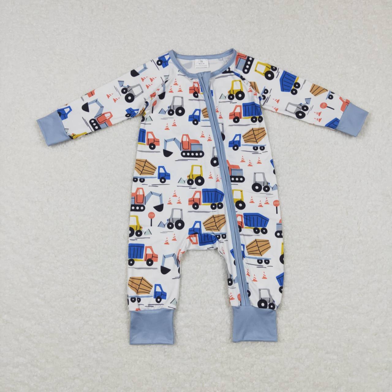 LR0725 Blue Built Truck Car Zipper Girls Long Sleeve Romper
