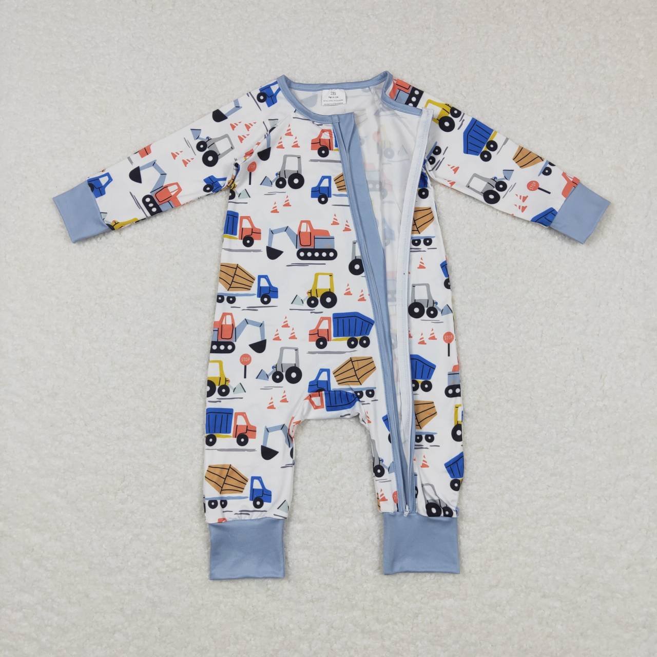 LR0725 Blue Built Truck Car Zipper Girls Long Sleeve Romper