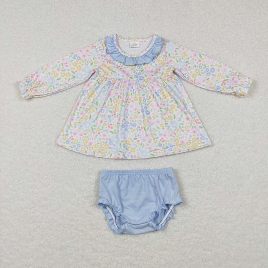 GBO0193 Blue Floral Girls Long Sleeve Bummies Outfits
