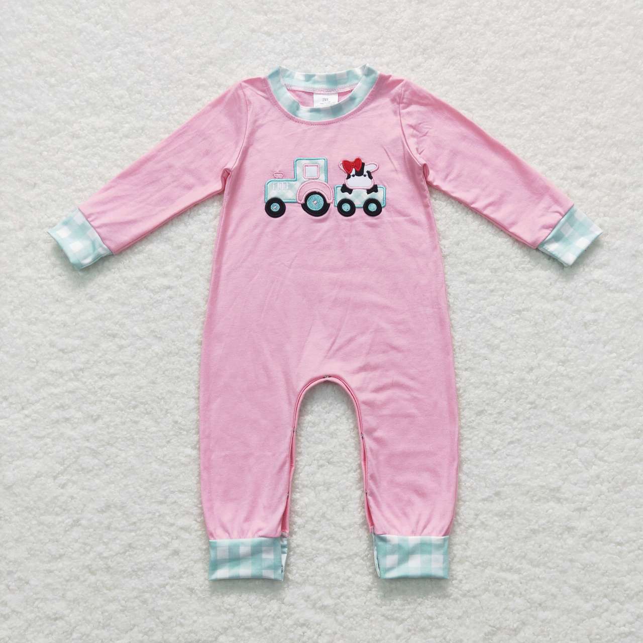LR0376 Pink Blue Cow Embroidery Girls Long Sleeve Romper