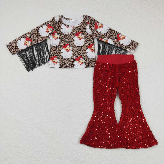 2pcs GT0186 Christmas Red Santa Tassel Sequin Girls Short Sleeve Bell Bottom Pants Outfits