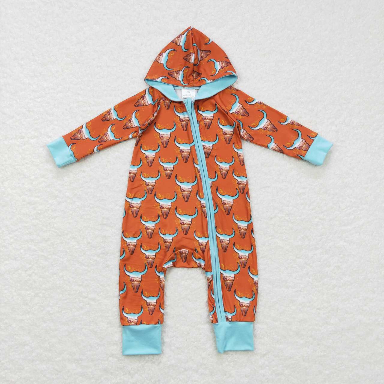 LR0703 Green Orange Highland Cow Zipper Hoodies Girls Long Sleeve Romper
