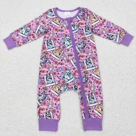 LR0331 Purple Dog Cartoon Floral Zipper Girls Long Sleeve Romper