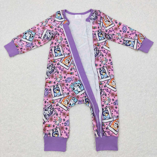 LR0331 Purple Dog Cartoon Floral Zipper Girls Long Sleeve Romper