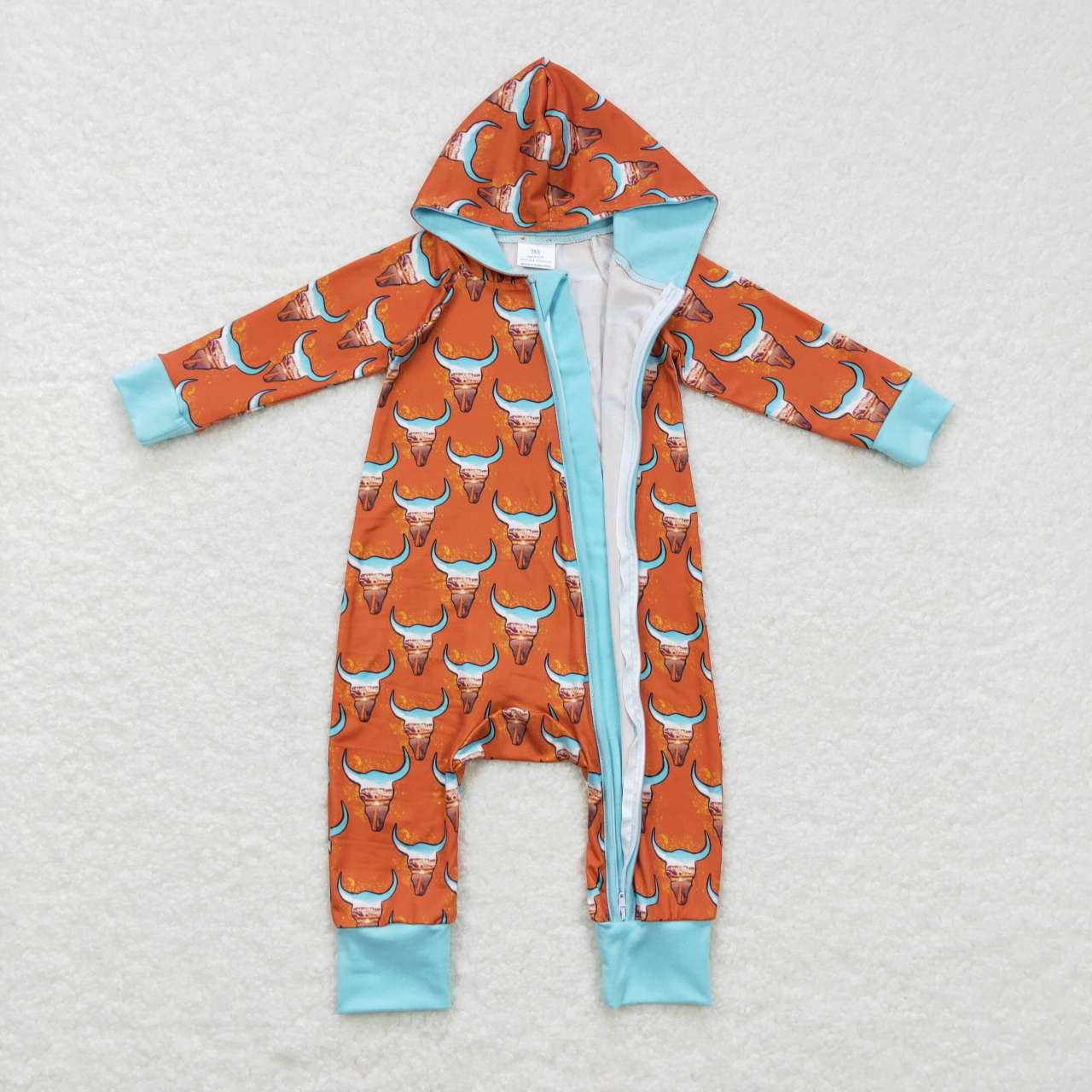 LR0703 Green Orange Highland Cow Zipper Hoodies Girls Long Sleeve Romper