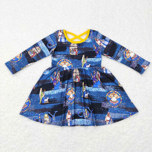 GLD0446 Blue Jesus Cartoon Girls Long Sleeve Dresses