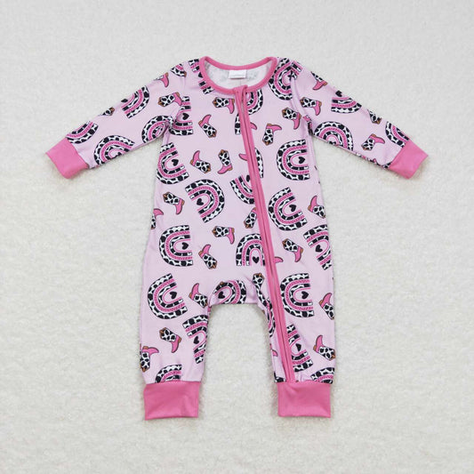 LR0490 Valentine Love Rainbow Pink Purple Cow Zipper Girls Long Sleeve Romper