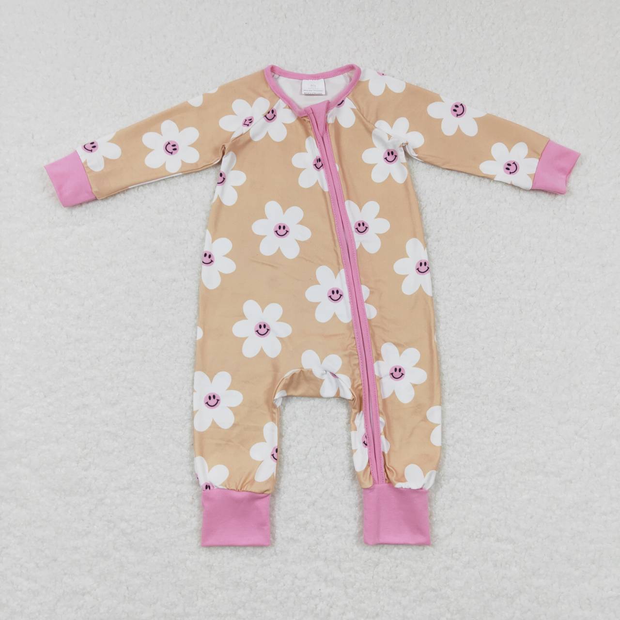 LR0732 Pink Yellow Floral Zipper Girls Long Sleeve Romper
