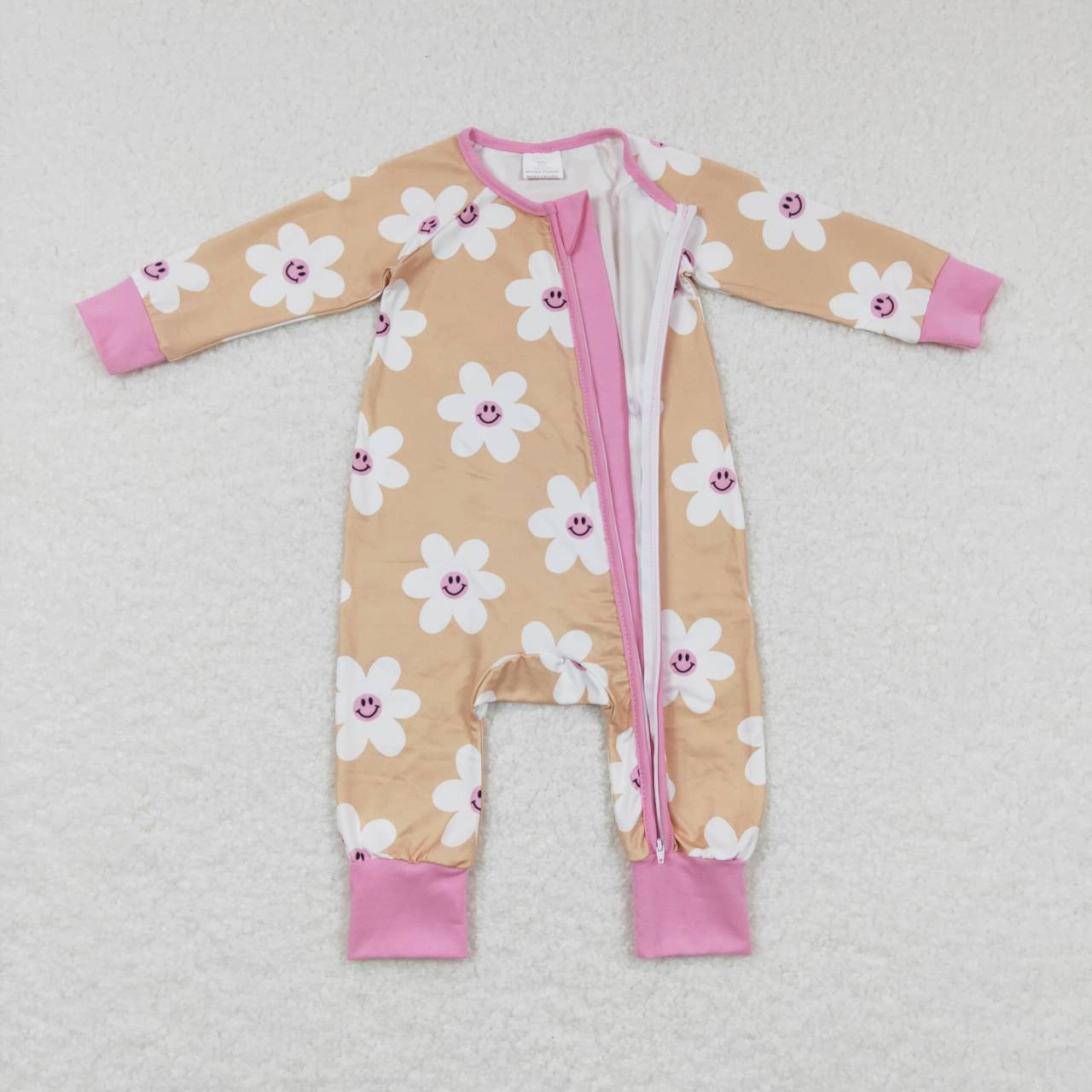 LR0732 Pink Yellow Floral Zipper Girls Long Sleeve Romper