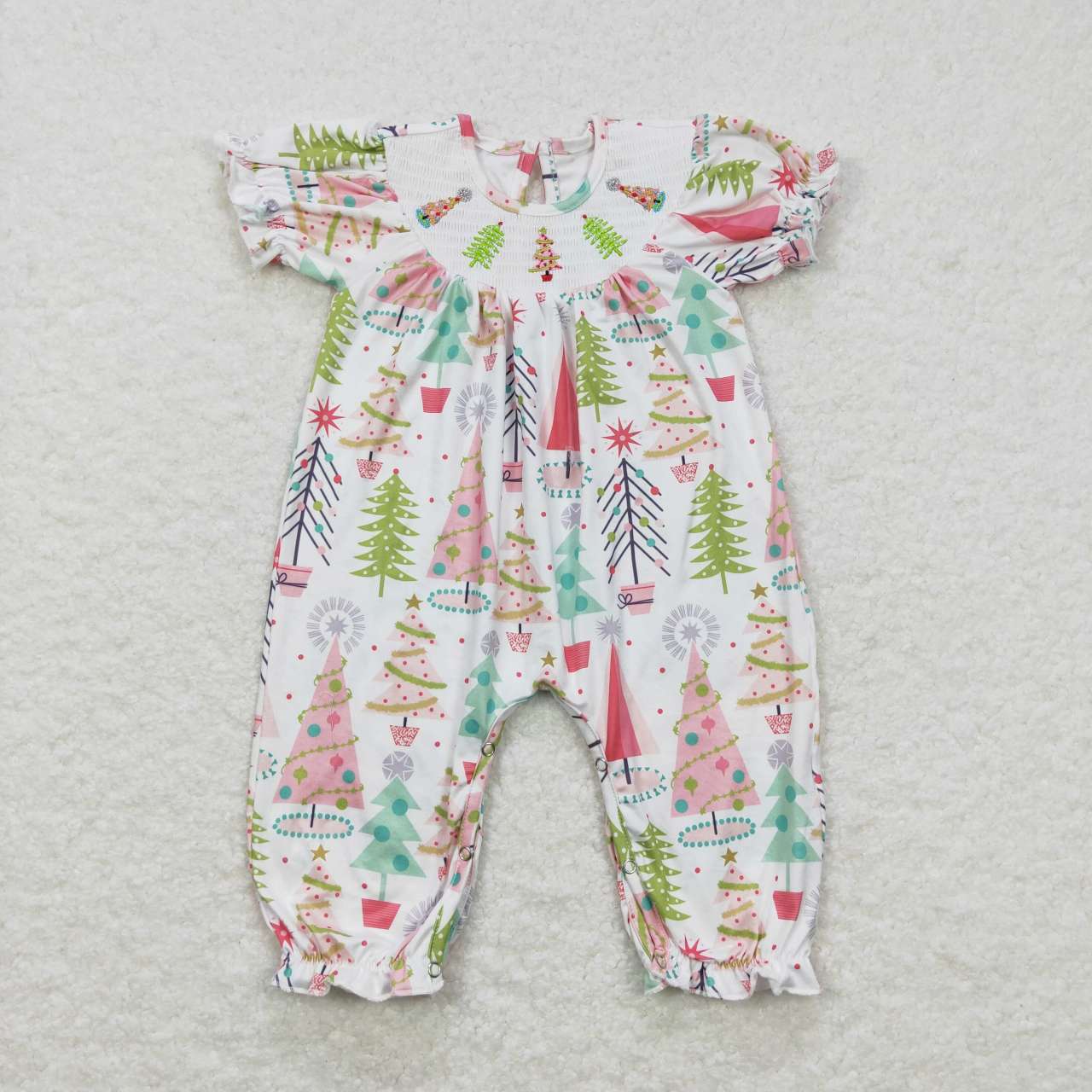 SR0419 Christmas Red Green Tree Girls Short Sleeve Romper