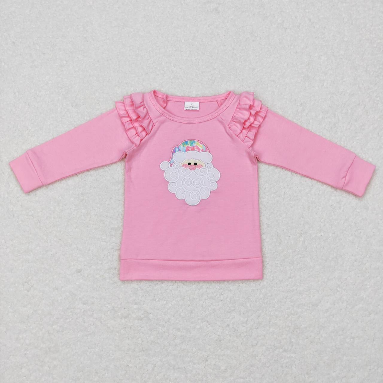 GT0369 Christmas Pink Santa Embroidery Girls Long Sleeve Top T-shirts