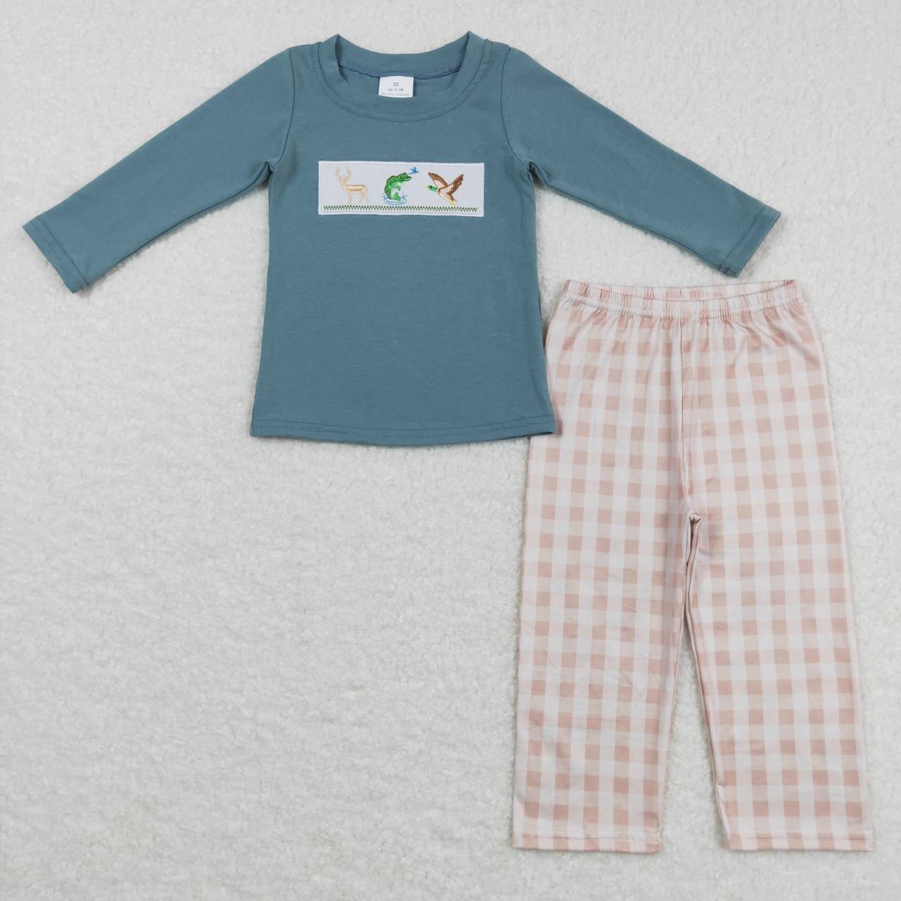BLP0381 Blue Deer Bird Embroidery Boys Long Sleeve Pants Outfits